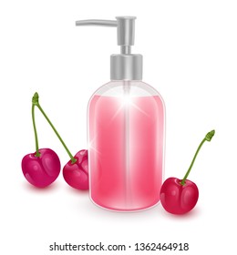 A jar of shampoo or liquid soap with the scent of cherry, realistic shampoo bottle and red cherries on white background, cosmetic product healthcare banner.