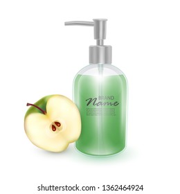 A jar of shampoo or liquid soap with the scent of apples, realistic shampoo bottle and green apple on white background, cosmetic product healthcare banner.