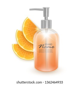 A jar of shampoo or liquid soap with the scent of oranges, realistic shampoo bottle and slices of oranges on white background, cosmetic product healthcare banner. Vector EPS 10