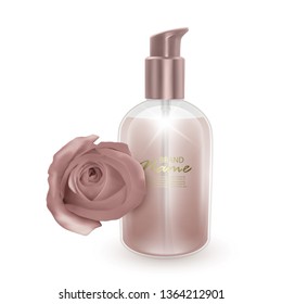 A jar of shampoo or liquid soap with the scent of rose, realistic shampoo bottle and rose on white background, cosmetic product healthcare banner.