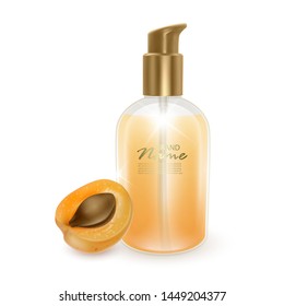 A jar of shampoo or liquid soap with the scent of Apricot, realistic shampoo bottle and apricot on white background, cosmetic product healthcare banner. Vector EPS 10 illustration