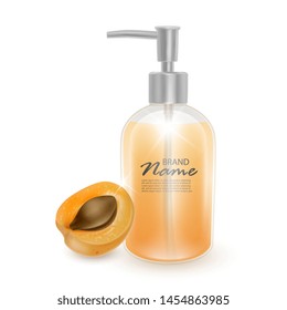 Jar of shampoo or liquid soap with the scent of apricots, realistic shampoo bottle and apricot on white background, cosmetic product healthcare banner. Vector EPS 10