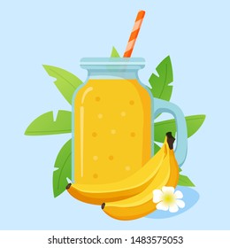 Jar with smoothie banana shake cocktail.Natural tropical fruit juice.Vector illustration in flat.Milk fruit cocktail.