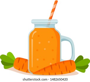 Jar with smoothie carrot shake cocktail.Natural vegetable juice.Vector illustration in flat.Vegan and vegetarian food.