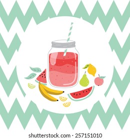 Jar with smoothie and fruits. Vector hand dawn illustration. Used for kitchen, cafe stuff, wallpaper, pattern fills, web page background, surface textures.