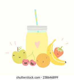 Jar with smoothie and funny fruits. Vector hand dawn illustration