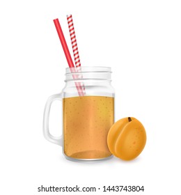 The jar of smoothies of Apricot with striped straw for cocktails isolated on white background for advertising your products drinks in restaurants and cafes. Vector EPS 10 illustration