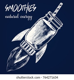 A jar of smoothies in the form of a flying rocket. 