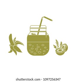 Jar with smoothies and ingredients for making smoothie. Healthy eating habits. Easy cooking process.
