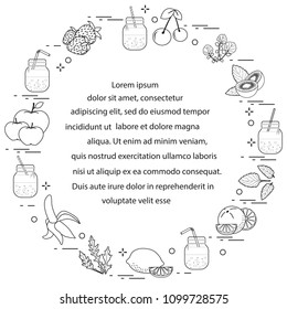 Jar with smoothies and ingredients for making smoothie. Healthy eating habits. Easy cooking process.
