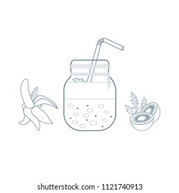 Jar with smoothies and ingredients for making smoothie. Healthy eating habits. Easy cooking process.