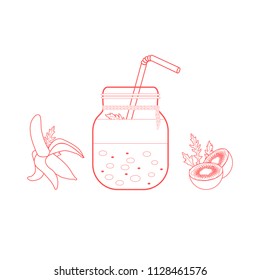 Jar with smoothies and ingredients for making smoothie. Healthy eating habits. Easy cooking process.