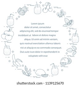 Jar with smoothies and ingredients for making smoothie. Healthy eating habits. Easy cooking process.