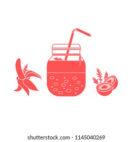 Jar with smoothies and ingredients for making smoothie. Healthy eating habits. Easy cooking process.