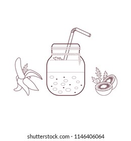 Jar with smoothies and ingredients for making smoothie. Healthy eating habits. Easy cooking process.