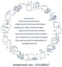 Jar with smoothies and ingredients for making smoothie. Healthy eating habits. Easy cooking process.