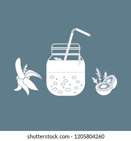 Jar with smoothies and ingredients for making smoothie. Healthy eating habits. Easy cooking process.