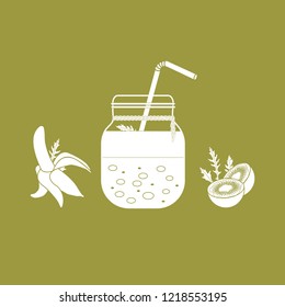 Jar with smoothies and ingredients for making smoothie. Healthy eating habits. Easy cooking process.