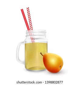 The jar of smoothies of pear with striped straw for cocktails isolated on white background for advertising your products drinks in restaurants and cafes.