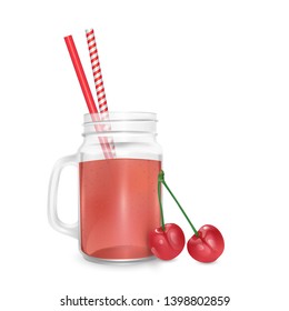 The jar of smoothies of red cherry and striped straw for cocktails isolated on white background for advertising your products drinks in restaurants and cafes.