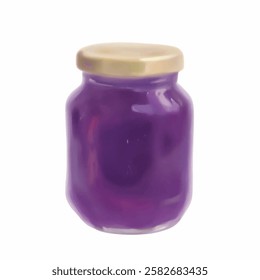 A jar of soft, wobbly grape jelly with a glowing, translucent purple shade. Ideal for dessert branding and labels.