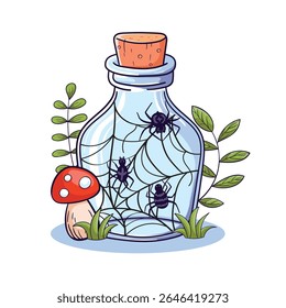 A jar with spiders and cobwebs for a magical Halloween potion. Witchcraft ingredients for a witch: spiders, fly agaric, and plants.