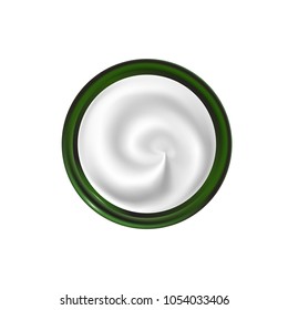 Jar with a spiral texture cream. View from above. White swirl.