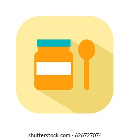 Jar with a spoon, food for first feeding. Flat color icon things for the newborn baby. Vector illustration