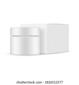 Jar and square box mockup with side view, isolated on white background. Vector illustration