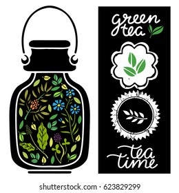 Jar with straw, cocktail. Berries, flowers, leaves, herbs hand drawn isolated on white background. Green tea. Tea time hand written font, lettering