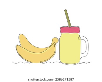 jar with a straw for cocktails, smoothies with banana, continuous single one line art hand drawing sketch logo