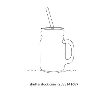 jar with a straw for cocktails, smoothies, continuous single one line art hand drawing sketch logo