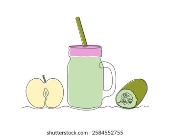 jar with a straw for cocktails, smoothies with cucumber and apple, continuous single one line art hand drawing sketch logo