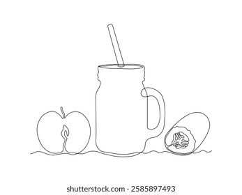 jar with a straw for cocktails, smoothies with cucumber and apple, continuous single one line art hand drawing sketch logo