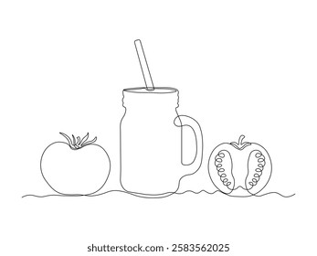 jar with a straw for cocktails, smoothies with tomato, continuous single one line art hand drawing sketch logo