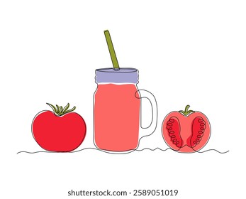 jar with a straw for cocktails, smoothies with tomato, continuous single one line art hand drawing sketch logo