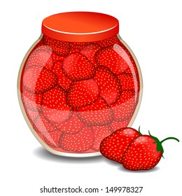 A jar of a strawberry jam and a strawberry berry. Vector illustration 