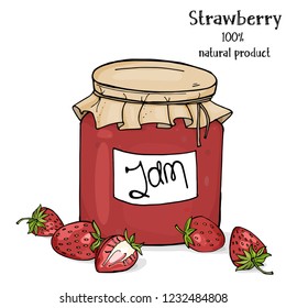 Jar of strawberry jam and fresh ripe strawberries on a white background. Colorful vector illustration in sketch style.