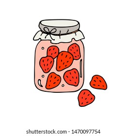 Jar with strawberry jam. Hand drawn vector illustration.