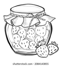 Jar de mermelada de fresa, ilustración vectorial monocromática dibujada a mano