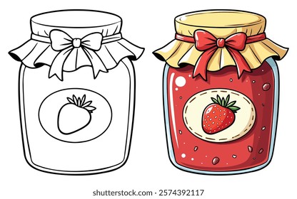 A Jar of Strawberry Jam Line Art Vector Illustration Black and White with Coloring Sample. Bold and Easy Food, Fruits, Sweets, Drinks, Dessert, and Snacks Coloring Pages for Adults and Kids.