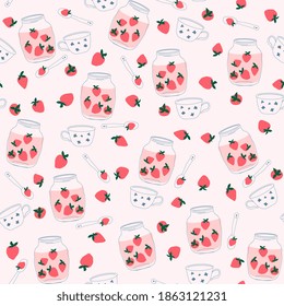 jar with strawberry jam seamless pattern. Cozy background with jam, hand-drawing Scandinavian style. For children's clothing, fabric, packaging