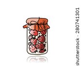 Jar with strawberry jam, sketch for your design. Vector illustration