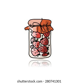 Jar with strawberry jam, sketch for your design. Vector illustration