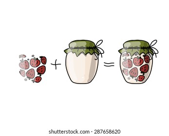 Jar with strawberry jam, sketch for your design. Vector illustration