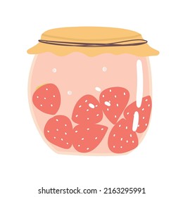 Jar of strawberry jam, summer vector illustration in cartoon style for card, print, sticker 