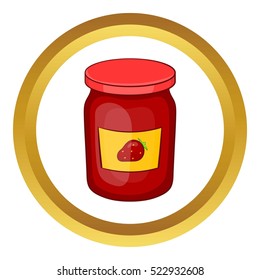 Jar of strawberry jam vector icon in golden circle, cartoon style isolated on white background