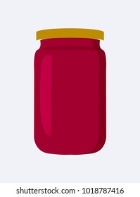 Jar with strawberry or raspberry jam, poster with container made of glass, closeup of item at supermarket, vector illustration, isolated on white