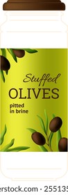 A jar of stuffed olives with a green label