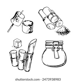 Frasco de azúcar, caña de azúcar, malvavisco frito. Dibujo de tinta negra sobre fondo blanco.